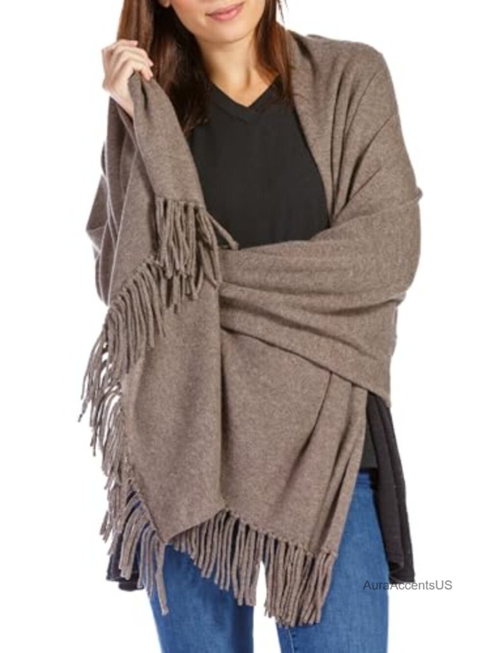 100% Cashmere Knit Shawl Wrap with Fringe Oversized 78x28